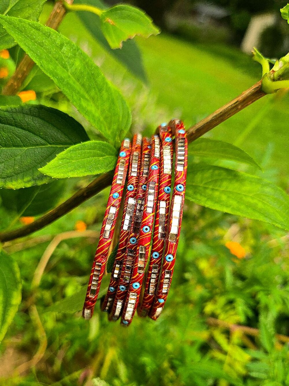 Evil Eye and Mirror Bangle Set 6pc Handmade Red & Yellow Silk Thread Protection